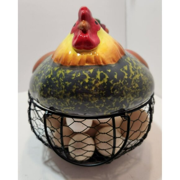 Ceramic Chicken Sitting on Black Metal Egg Basket with Eggs Farmhouse Decor - Picture 10 of 15